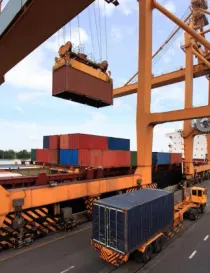 A container being lifted at a port terminal